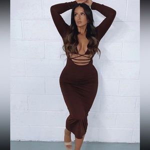 Brown midi lace up dress